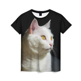 Женская футболка 3D с принтом Белая и пушистая в Екатеринбурге, 100% полиэфир ( синтетическое хлопкоподобное полотно) | прямой крой, круглый вырез горловины, длина до линии бедер | белый | взгляд | глаза | киска | кот | котёнок | кошка | пушистый