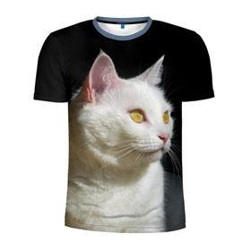 Мужская футболка 3D спортивная с принтом Белая и пушистая в Екатеринбурге, 100% полиэстер с улучшенными характеристиками | приталенный силуэт, круглая горловина, широкие плечи, сужается к линии бедра | Тематика изображения на принте: белый | взгляд | глаза | киска | кот | котёнок | кошка | пушистый