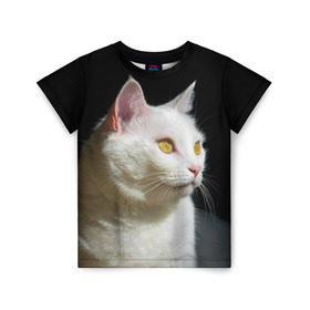 Детская футболка 3D с принтом Белая и пушистая в Екатеринбурге, 100% гипоаллергенный полиэфир | прямой крой, круглый вырез горловины, длина до линии бедер, чуть спущенное плечо, ткань немного тянется | белый | взгляд | глаза | киска | кот | котёнок | кошка | пушистый