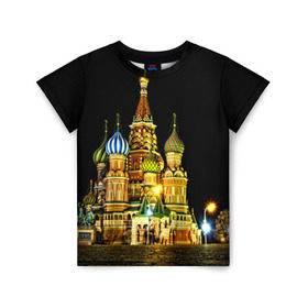 Детская футболка 3D с принтом Москва в Екатеринбурге, 100% гипоаллергенный полиэфир | прямой крой, круглый вырез горловины, длина до линии бедер, чуть спущенное плечо, ткань немного тянется | kremlin | moscow | russia | город | кремль | москва | ночь | огни | река