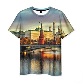 Мужская футболка 3D с принтом Москва река в Екатеринбурге, 100% полиэфир | прямой крой, круглый вырез горловины, длина до линии бедер | Тематика изображения на принте: kremlin | moscow | russia | город | кремль | москва | ночь | огни | река