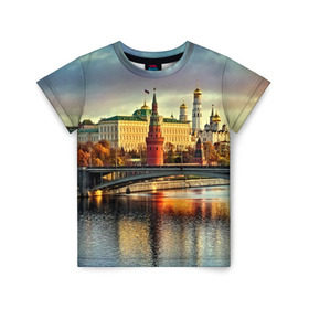 Детская футболка 3D с принтом Москва река в Екатеринбурге, 100% гипоаллергенный полиэфир | прямой крой, круглый вырез горловины, длина до линии бедер, чуть спущенное плечо, ткань немного тянется | kremlin | moscow | russia | город | кремль | москва | ночь | огни | река