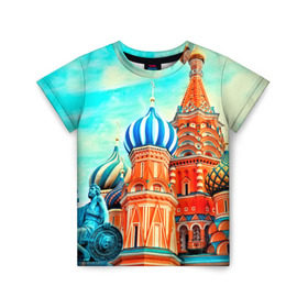 Детская футболка 3D с принтом Moscow Russia в Екатеринбурге, 100% гипоаллергенный полиэфир | прямой крой, круглый вырез горловины, длина до линии бедер, чуть спущенное плечо, ткань немного тянется | kremlin | moscow | russia | город | кремль | москва | ночь | огни | река