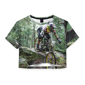 Женская футболка 3D укороченная с принтом Велоспорт гонка в Екатеринбурге, 100% полиэстер | круглая горловина, длина футболки до линии талии, рукава с отворотами | велик | велосипед | гонка | горы | деревья | железный конь | колесо | лес | лисапед | природа | ровер | спорт | спортсмен | стальной конь | тандем | трицикл | шлем