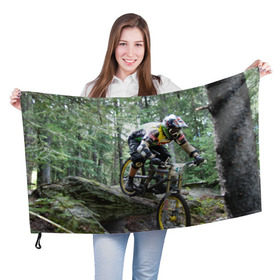 Флаг 3D с принтом Велоспорт гонка в Екатеринбурге, 100% полиэстер | плотность ткани — 95 г/м2, размер — 67 х 109 см. Принт наносится с одной стороны | велик | велосипед | гонка | горы | деревья | железный конь | колесо | лес | лисапед | природа | ровер | спорт | спортсмен | стальной конь | тандем | трицикл | шлем