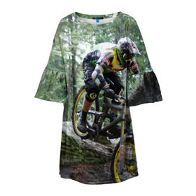 Детское платье 3D с принтом Велоспорт гонка в Екатеринбурге, 100% полиэстер | прямой силуэт, чуть расширенный к низу. Круглая горловина, на рукавах — воланы | велик | велосипед | гонка | горы | деревья | железный конь | колесо | лес | лисапед | природа | ровер | спорт | спортсмен | стальной конь | тандем | трицикл | шлем