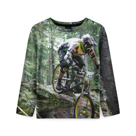 Детский лонгслив 3D с принтом Велоспорт гонка в Екатеринбурге, 100% полиэстер | длинные рукава, круглый вырез горловины, полуприлегающий силуэт
 | велик | велосипед | гонка | горы | деревья | железный конь | колесо | лес | лисапед | природа | ровер | спорт | спортсмен | стальной конь | тандем | трицикл | шлем