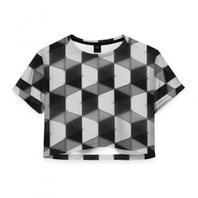 Женская футболка 3D укороченная с принтом Серые треугольники в Екатеринбурге, 100% полиэстер | круглая горловина, длина футболки до линии талии, рукава с отворотами | cell | паттерн | трапеции | ячейка