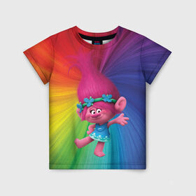 Детская футболка 3D с принтом Розочка тролли в Екатеринбурге, 100% гипоаллергенный полиэфир | прямой крой, круглый вырез горловины, длина до линии бедер, чуть спущенное плечо, ткань немного тянется | trolls | детям | мультик | мультики | мультфильм | мультфильмы | радуга | разноцветные | разные цвета | розочка | тролли | тролль | цветные