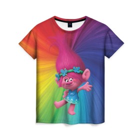 Женская футболка 3D с принтом Розочка тролли в Екатеринбурге, 100% полиэфир ( синтетическое хлопкоподобное полотно) | прямой крой, круглый вырез горловины, длина до линии бедер | trolls | детям | мультик | мультики | мультфильм | мультфильмы | радуга | разноцветные | разные цвета | розочка | тролли | тролль | цветные