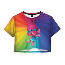 Женская футболка 3D укороченная с принтом Розочка тролли в Екатеринбурге, 100% полиэстер | круглая горловина, длина футболки до линии талии, рукава с отворотами | trolls | детям | мультик | мультики | мультфильм | мультфильмы | радуга | разноцветные | разные цвета | розочка | тролли | тролль | цветные