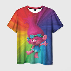 Мужская футболка 3D с принтом Розочка тролли в Екатеринбурге, 100% полиэфир | прямой крой, круглый вырез горловины, длина до линии бедер | trolls | детям | мультик | мультики | мультфильм | мультфильмы | радуга | разноцветные | разные цвета | розочка | тролли | тролль | цветные