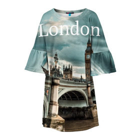 Детское платье 3D с принтом London в Екатеринбурге, 100% полиэстер | прямой силуэт, чуть расширенный к низу. Круглая горловина, на рукавах — воланы | Тематика изображения на принте: england | london | vjcn. биг бен | англия | британия | великобритания | владычица морей | город | гостеприимный | дождей | клевый | красивый | лилия | лондон | на темзе | окна | прикольный | столица | тауэр