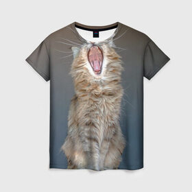 Женская футболка 3D с принтом Мартовский кот в Екатеринбурге, 100% полиэфир ( синтетическое хлопкоподобное полотно) | прямой крой, круглый вырез горловины, длина до линии бедер | кот | кошка | март | пасть | усы