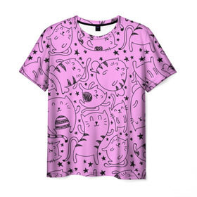 Мужская футболка 3D с принтом котейки в Екатеринбурге, 100% полиэфир | прямой крой, круглый вырез горловины, длина до линии бедер | cat | кот | котейки | котик | кошка | рисунок | розовый