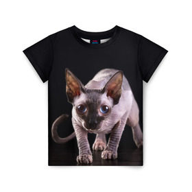 Детская футболка 3D с принтом сфинкс в Екатеринбурге, 100% гипоаллергенный полиэфир | прямой крой, круглый вырез горловины, длина до линии бедер, чуть спущенное плечо, ткань немного тянется | Тематика изображения на принте: cat | голубые глаза | кот | котик | котэ | кошка | сфинкс | черный