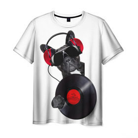 Мужская футболка 3D с принтом собака-меломан в Екатеринбурге, 100% полиэфир | прямой крой, круглый вырез горловины, длина до линии бедер | Тематика изображения на принте: бульдог | красный | музыка | наушники | очки | пластинка | собака | черный