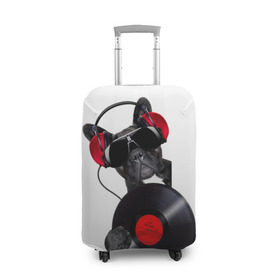 Чехол для чемодана 3D с принтом собака-меломан в Екатеринбурге, 86% полиэфир, 14% спандекс | двустороннее нанесение принта, прорези для ручек и колес | Тематика изображения на принте: бульдог | красный | музыка | наушники | очки | пластинка | собака | черный