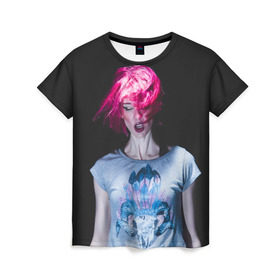 Женская футболка 3D с принтом девушка с розовыми волосами в Екатеринбурге, 100% полиэфир ( синтетическое хлопкоподобное полотно) | прямой крой, круглый вырез горловины, длина до линии бедер | волосы | девушка | мода | парик | перья | розовый | стиль | череп | этника | этно