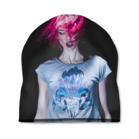 Шапка 3D с принтом девушка с розовыми волосами в Екатеринбурге, 100% полиэстер | универсальный размер, печать по всей поверхности изделия | Тематика изображения на принте: волосы | девушка | мода | парик | перья | розовый | стиль | череп | этника | этно
