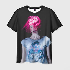 Мужская футболка 3D с принтом девушка с розовыми волосами в Екатеринбурге, 100% полиэфир | прямой крой, круглый вырез горловины, длина до линии бедер | волосы | девушка | мода | парик | перья | розовый | стиль | череп | этника | этно