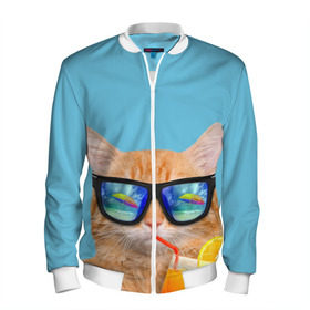 Мужской бомбер 3D с принтом котэ на отдыхе в Екатеринбурге, 100% полиэстер | застегивается на молнию, по бокам два кармана без застежек, по низу бомбера и на воротнике - эластичная резинка | кот | котик | лето | море | отдых | очки | пальмы | пляж | рыжий кот | солнце