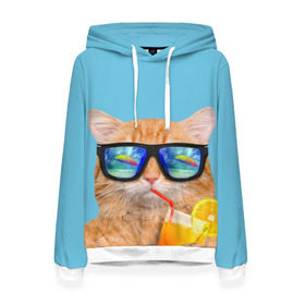 Женская толстовка 3D с принтом котэ на отдыхе в Екатеринбурге, 100% полиэстер  | двухслойный капюшон со шнурком для регулировки, мягкие манжеты на рукавах и по низу толстовки, спереди карман-кенгуру с мягким внутренним слоем. | кот | котик | лето | море | отдых | очки | пальмы | пляж | рыжий кот | солнце