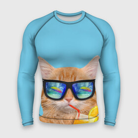 Мужской рашгард 3D с принтом котэ на отдыхе в Екатеринбурге,  |  | Тематика изображения на принте: кот | котик | лето | море | отдых | очки | пальмы | пляж | рыжий кот | солнце