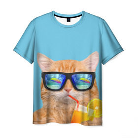 Мужская футболка 3D с принтом котэ на отдыхе в Екатеринбурге, 100% полиэфир | прямой крой, круглый вырез горловины, длина до линии бедер | кот | котик | лето | море | отдых | очки | пальмы | пляж | рыжий кот | солнце