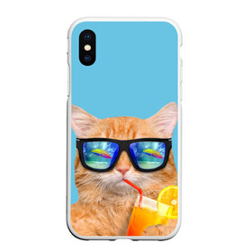 Чехол для iPhone XS Max матовый с принтом котэ на отдыхе в Екатеринбурге, Силикон | Область печати: задняя сторона чехла, без боковых панелей | Тематика изображения на принте: кот | котик | лето | море | отдых | очки | пальмы | пляж | рыжий кот | солнце