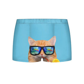 Мужские трусы 3D с принтом котэ на отдыхе в Екатеринбурге, 50% хлопок, 50% полиэстер | классическая посадка, на поясе мягкая тканевая резинка | Тематика изображения на принте: кот | котик | лето | море | отдых | очки | пальмы | пляж | рыжий кот | солнце