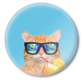Значок с принтом котэ на отдыхе в Екатеринбурге,  металл | круглая форма, металлическая застежка в виде булавки | кот | котик | лето | море | отдых | очки | пальмы | пляж | рыжий кот | солнце