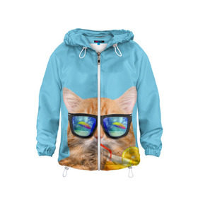 Детская ветровка 3D с принтом котэ на отдыхе в Екатеринбурге, 100% полиэстер | подол и капюшон оформлены резинкой с фиксаторами, по бокам два кармана без застежек, один потайной карман на груди | кот | котик | лето | море | отдых | очки | пальмы | пляж | рыжий кот | солнце