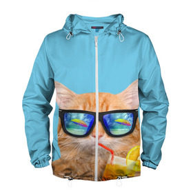 Мужская ветровка 3D с принтом котэ на отдыхе в Екатеринбурге, 100% полиэстер | подол и капюшон оформлены резинкой с фиксаторами, два кармана без застежек по бокам, один потайной карман на груди | кот | котик | лето | море | отдых | очки | пальмы | пляж | рыжий кот | солнце