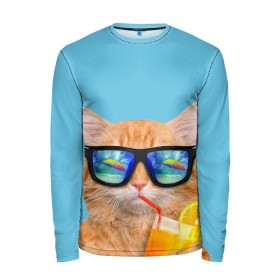 Мужской лонгслив 3D с принтом котэ на отдыхе в Екатеринбурге, 100% полиэстер | длинные рукава, круглый вырез горловины, полуприлегающий силуэт | кот | котик | лето | море | отдых | очки | пальмы | пляж | рыжий кот | солнце
