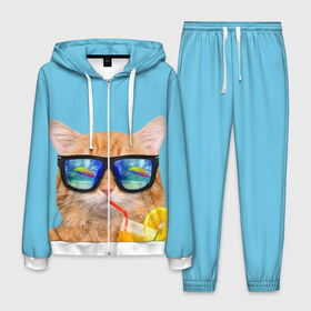 Мужской костюм 3D с принтом котэ на отдыхе в Екатеринбурге, 100% полиэстер | Манжеты и пояс оформлены тканевой резинкой, двухслойный капюшон со шнурком для регулировки, карманы спереди | кот | котик | лето | море | отдых | очки | пальмы | пляж | рыжий кот | солнце