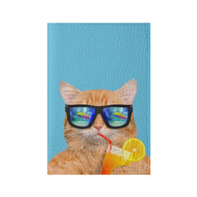 Обложка для паспорта матовая кожа с принтом котэ на отдыхе в Екатеринбурге, натуральная матовая кожа | размер 19,3 х 13,7 см; прозрачные пластиковые крепления | кот | котик | лето | море | отдых | очки | пальмы | пляж | рыжий кот | солнце