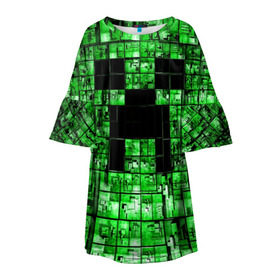 Детское платье 3D с принтом Minecraft в Екатеринбурге, 100% полиэстер | прямой силуэт, чуть расширенный к низу. Круглая горловина, на рукавах — воланы | Тематика изображения на принте: game | green | minecraft | игра | игрок | компьютерные игры | майнкрафт