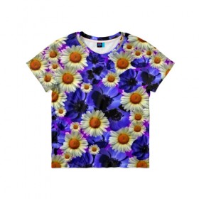 Детская футболка 3D с принтом Цветочки в Екатеринбурге, 100% гипоаллергенный полиэфир | прямой крой, круглый вырез горловины, длина до линии бедер, чуть спущенное плечо, ткань немного тянется | flower | лето | поле | полевой цветок | фиолетовый | цветочки | цветы