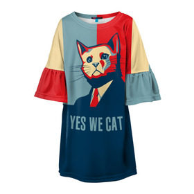 Детское платье 3D с принтом Yes we CAT в Екатеринбурге, 100% полиэстер | прямой силуэт, чуть расширенный к низу. Круглая горловина, на рукавах — воланы | Тематика изображения на принте: cat | kitty | животные | киса | кот | котенок | котэ | кошка