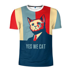 Мужская футболка 3D спортивная с принтом Yes we CAT в Екатеринбурге, 100% полиэстер с улучшенными характеристиками | приталенный силуэт, круглая горловина, широкие плечи, сужается к линии бедра | Тематика изображения на принте: cat | kitty | животные | киса | кот | котенок | котэ | кошка
