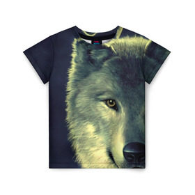 Детская футболка 3D с принтом Серый волк в Екатеринбурге, 100% гипоаллергенный полиэфир | прямой крой, круглый вырез горловины, длина до линии бедер, чуть спущенное плечо, ткань немного тянется | аука | бирюк | волк | волчара | волчица | волчок | глаза | животное | животные | зверь | зеленые | койот | млекопитающее | нос | санитар леса | серый | уши | фауна | фон | хищник | черный | шакал | шерсть