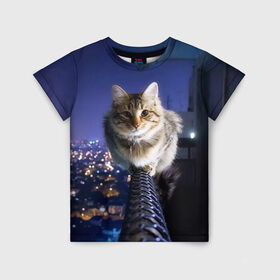 Детская футболка 3D с принтом Киса на балконе в Екатеринбурге, 100% гипоаллергенный полиэфир | прямой крой, круглый вырез горловины, длина до линии бедер, чуть спущенное плечо, ткань немного тянется | Тематика изображения на принте: cat | kitty | животные | киса | кот | котенок | котэ | кошка