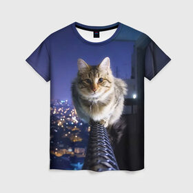 Женская футболка 3D с принтом Киса на балконе в Екатеринбурге, 100% полиэфир ( синтетическое хлопкоподобное полотно) | прямой крой, круглый вырез горловины, длина до линии бедер | cat | kitty | животные | киса | кот | котенок | котэ | кошка
