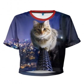 Женская футболка 3D укороченная с принтом Киса на балконе в Екатеринбурге, 100% полиэстер | круглая горловина, длина футболки до линии талии, рукава с отворотами | Тематика изображения на принте: cat | kitty | животные | киса | кот | котенок | котэ | кошка