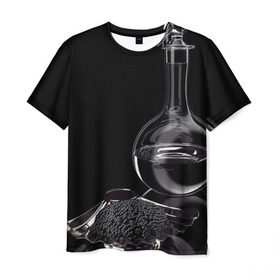 Мужская футболка 3D с принтом Водка и черная икра в Екатеринбурге, 100% полиэфир | прямой крой, круглый вырез горловины, длина до линии бедер | Тематика изображения на принте: графин | еда | жидкость | закуска | темный | черный