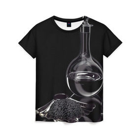 Женская футболка 3D с принтом Водка и черная икра в Екатеринбурге, 100% полиэфир ( синтетическое хлопкоподобное полотно) | прямой крой, круглый вырез горловины, длина до линии бедер | графин | еда | жидкость | закуска | темный | черный
