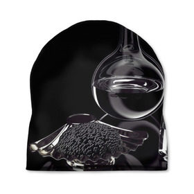 Шапка 3D с принтом Водка и черная икра в Екатеринбурге, 100% полиэстер | универсальный размер, печать по всей поверхности изделия | Тематика изображения на принте: графин | еда | жидкость | закуска | темный | черный