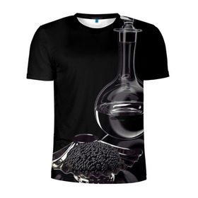 Мужская футболка 3D спортивная с принтом Водка и черная икра в Екатеринбурге, 100% полиэстер с улучшенными характеристиками | приталенный силуэт, круглая горловина, широкие плечи, сужается к линии бедра | графин | еда | жидкость | закуска | темный | черный