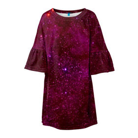 Детское платье 3D с принтом Розовые звёзды в Екатеринбурге, 100% полиэстер | прямой силуэт, чуть расширенный к низу. Круглая горловина, на рукавах — воланы | nebula | звезды | созвездие | туманность